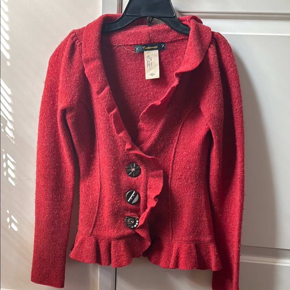 Red Anthropologie Cardigan with Flattering Peplum Ruffle